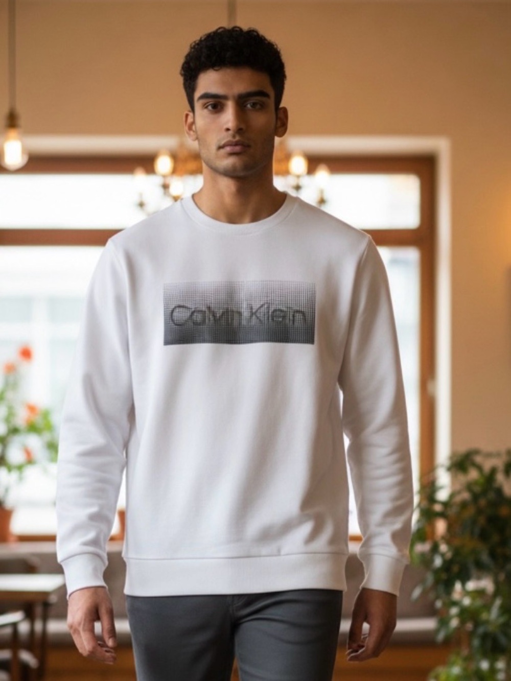 Calvin Klein White Crewneck Sweatshirt with Gradient Logo